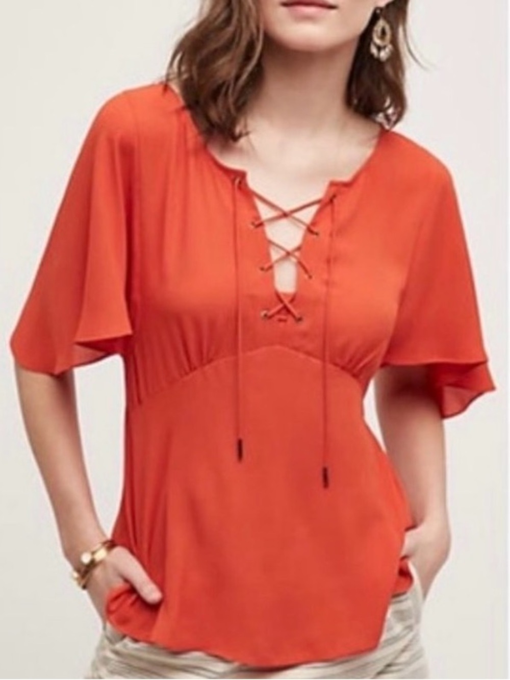 Anthropologie HD IN PARIS Orange Palo Alto Silky Lace Up Blouse 2